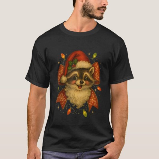 Funny Santa Raccoon in Santa Hat Holiday cute bow  Tシャツ (正面)