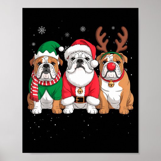 Funny Santa Reindeer English Bulldog Dog Women Men ポスター (正面)