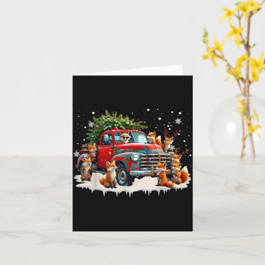 Funny Santa Riding Christmas Tree Truck Fox Christ カード (黄色い花)