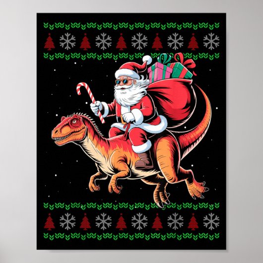 Funny Santa Riding Dinosaur Animal Ugly Christmas  ポスター (正面)