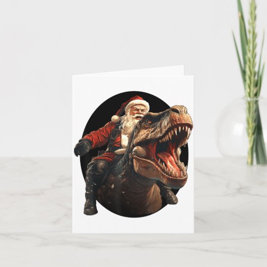 Funny Santa Riding Dinosaur, Vintage Christmas Art カード (正面)