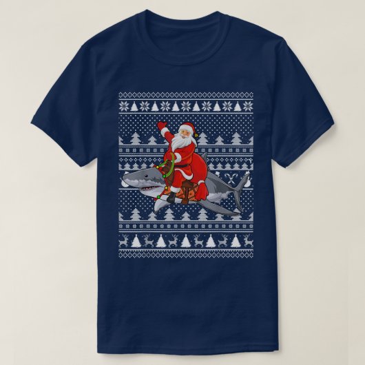 Funny Santa Riding Great White Shark Ugly Christma Tシャツ (デザイン正面)