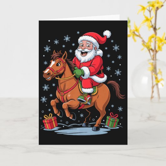 Funny Santa Riding Horse Equestrian Christmas Xmas カード (黄色い花)