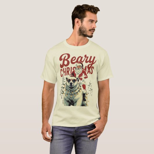 Funny Santa Riding Polar Bear | Beary Christmas Tシャツ (正面フル)