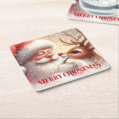 Funny Santa Rudolph Cartoon Christmas Drink Coaste スクエアペーパーコースター (アングル)