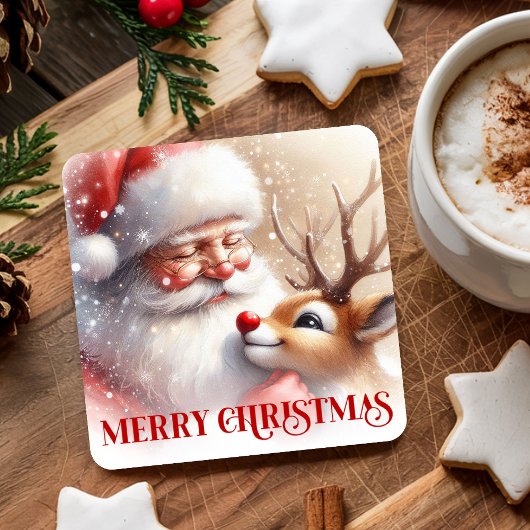 Funny Santa Rudolph Xmas Coaster Cartoon Style Art スクエアペーパーコースター