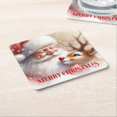 Funny Santa Rudolph Xmas Coaster Cartoon Style Art スクエアペーパーコースター (アングル)