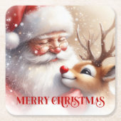 Funny Santa Rudolph Xmas Coaster Cartoon Style Art スクエアペーパーコースター (正面)