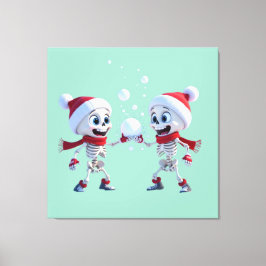 Funny Santa Skeletons Having a Snowball Fight  キャンバスプリント