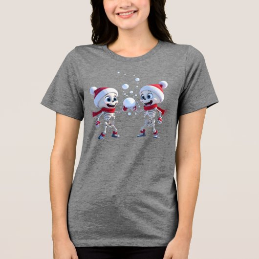 Funny Santa Skeletons Having a Snowball Fight トライブレンドTシャツ (正面)