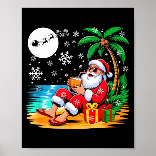 Funny Santa Sungles Drinking Coconut On Beach Chri ポスター (正面)