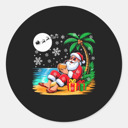Funny Santa Sungles Drinking Coconut On Beach Chri ラウンドシール (正面)