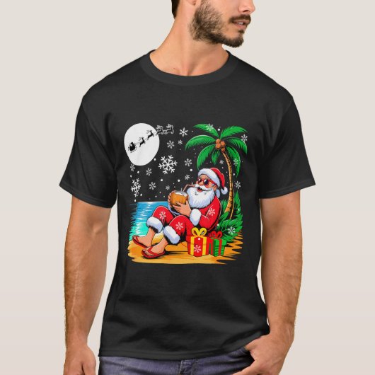 Funny Santa Sungles Drinking Coconut On Beach Chri Tシャツ (正面)