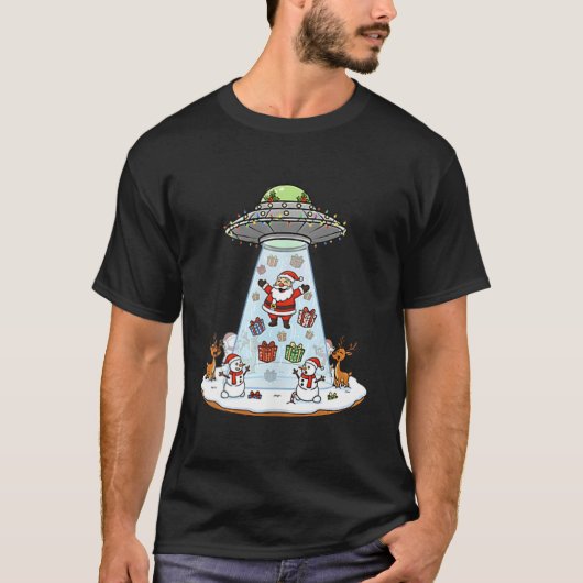 Funny Santa Ufo Delivery Happy Reindeer Snowman Ch Tシャツ (正面)