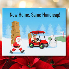 Funny Santa's Moving Boxes on Snowy Golf Course シーズンポストカード