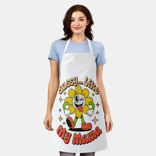 Funny Sassy Like My Mama Retro Flower White Apron エプロン (着用した状態)