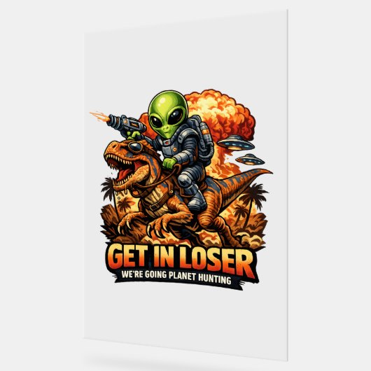 Funny Sci-Fi Fantasy Meme Art, Alien Riding Dinosa アクリルサイン (傾斜)