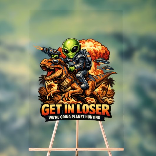 Funny Sci-Fi Fantasy Meme Art, Alien Riding Dinosa アクリルサイン (ニュートラル)