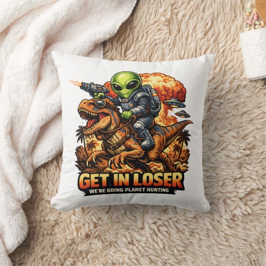 Funny Sci-Fi Fantasy Meme Art, Alien Riding Dinosa クッション (ブランケット)