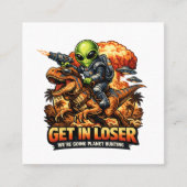 Funny Sci-Fi Fantasy Meme Art, Alien Riding Dinosa スクエア名刺 (正面)