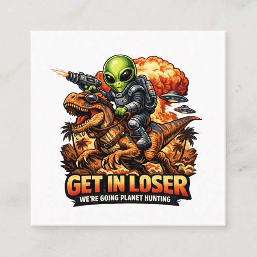 Funny Sci-Fi Fantasy Meme Art, Alien Riding Dinosa スクエア名刺 (正面)
