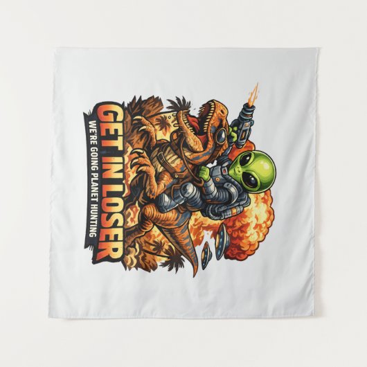 Funny Sci-Fi Fantasy Meme Art, Alien Riding Dinosa タペストリー (正面(横))