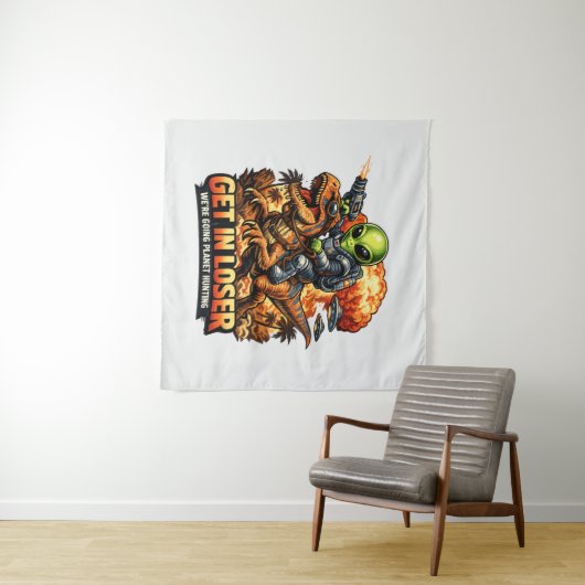 Funny Sci-Fi Fantasy Meme Art, Alien Riding Dinosa タペストリー (インサイチュ(横))