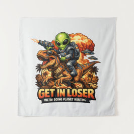 Funny Sci-Fi Fantasy Meme Art, Alien Riding Dinosa タペストリー