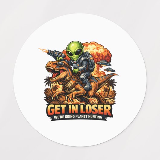 Funny Sci-Fi Fantasy Meme Art, Alien Riding Dinosa ラベル (デザイン1)