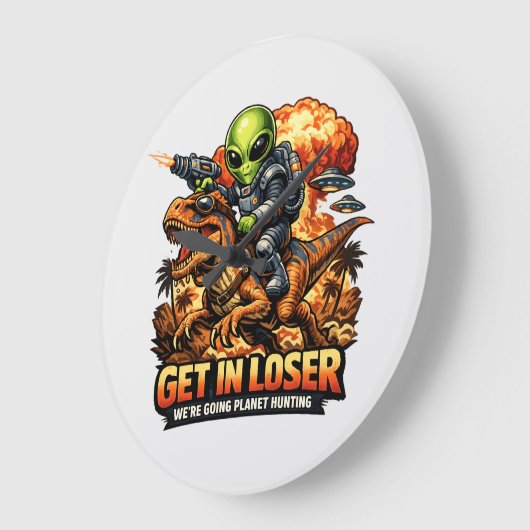 Funny Sci-Fi Fantasy Meme Art, Alien Riding Dinosa ラージ壁時計 (傾斜)