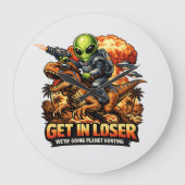 Funny Sci-Fi Fantasy Meme Art, Alien Riding Dinosa ラージ壁時計 (正面)