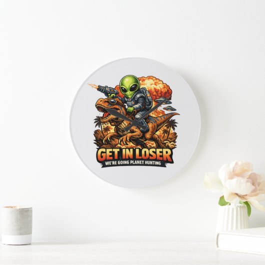 Funny Sci-Fi Fantasy Meme Art, Alien Riding Dinosa ラージ壁時計 (ホーム)