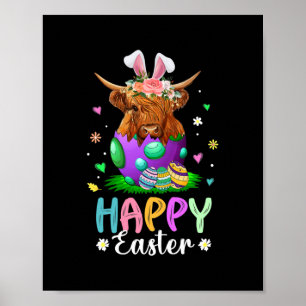 Funny Scottish Highland Cow Easter Egg Farmers ポスター