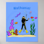 Funny scuba diver and fish sea creatures cartoon ポスター<br><div class="desc">This cute design features our cartoon scuba diver surrounded by curious sea life. Bright happy aquatic fun!</div>