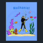 Funny scuba diver and fish sea creatures cartoon ポスター<br><div class="desc">This cute design features our cartoon scuba diver surrounded by curious sea life. Bright happy aquatic fun!</div>