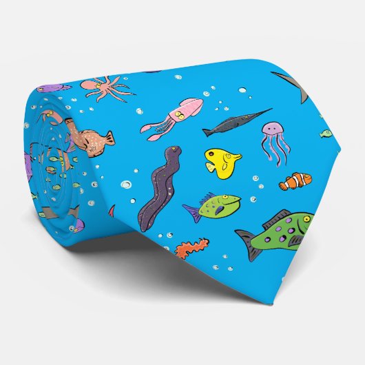 Funny sea creatures cartoon illustration pattern ネクタイ (ロール)