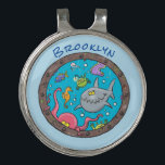 Funny sea creatures underwater cartoon drawing ゴルフハットクリップ<br><div class="desc">These funny sea creatures are peering through the porthole of a shipwreck. Includes our cartoon octopus,  shark,  fish and some other delightful characters. Perfect for the fish lover or diver! Bright and fun!</div>