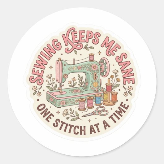 Funny Sewing Sticker - Vintage Machine One Stitch  ラウンドシール (正面)