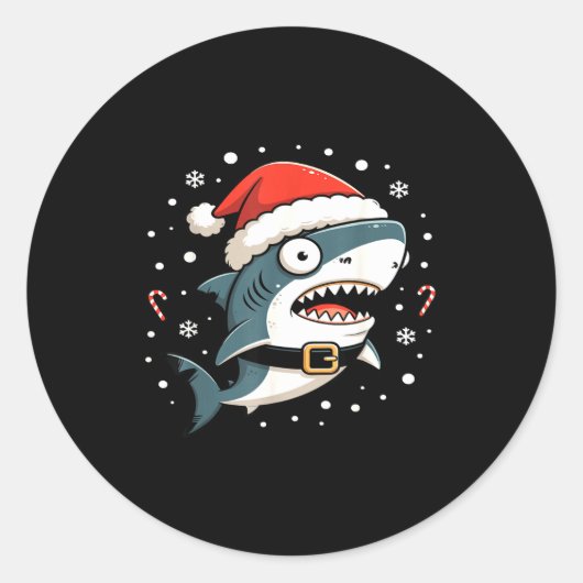 Funny Shark Christmas Lights Santa Hat Ocean Desig ラウンドシール (正面)