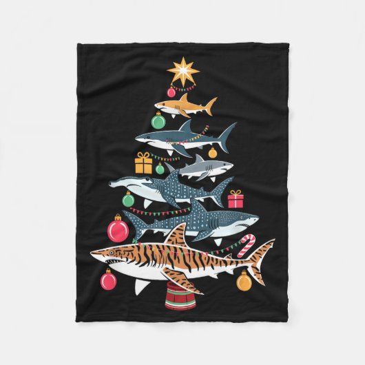 Funny Shark Christmas Tree  フリースブランケット (正面)