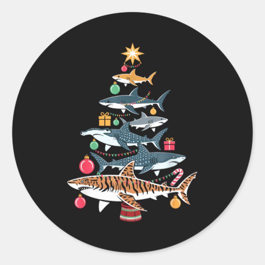 Funny Shark Christmas Tree ラウンドシール (正面)