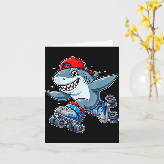 Funny Shark On Roller Skates Cute Cool Skater Anim カード (黄色い花)