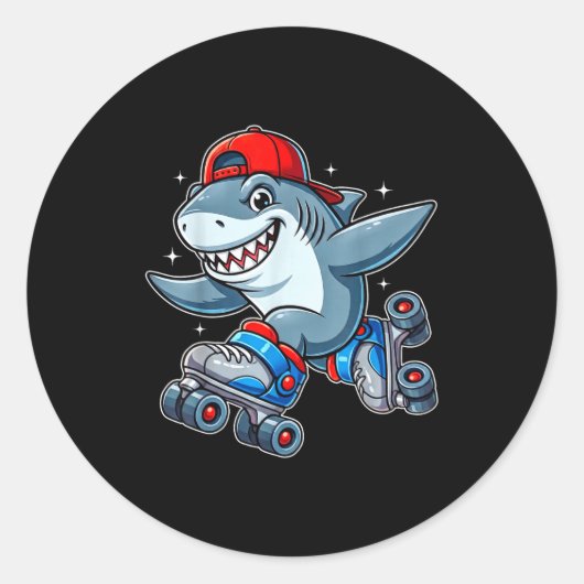Funny Shark On Roller Skates Cute Cool Skater Anim ラウンドシール (正面)
