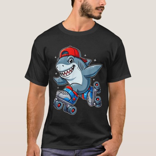 Funny Shark On Roller Skates Cute Cool Skater Anim Tシャツ (正面)