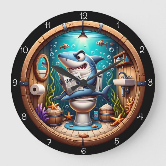 Funny Shark Toilet ラージ壁時計 (正面)