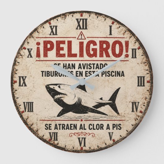 Funny Shark Warning Spanish ラージ壁時計 (正面)
