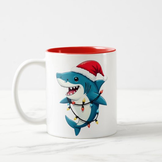 Funny Shark Wearing Santa Christmas Hat ツートーンマグカップ (左)