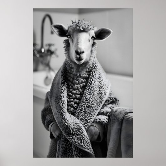 Funny Sheep in Bathrobe Art, Quirky Bathroom Print ポスター (正面)
