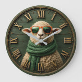 Funny Sheep with Sunglasses Farmhouse Rustic Count ラージ壁時計 (正面)
