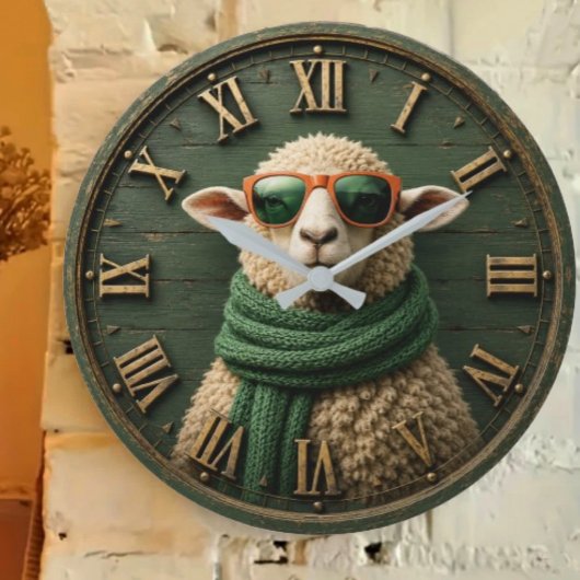 Funny Sheep with Sunglasses Farmhouse Rustic Count ラージ壁時計